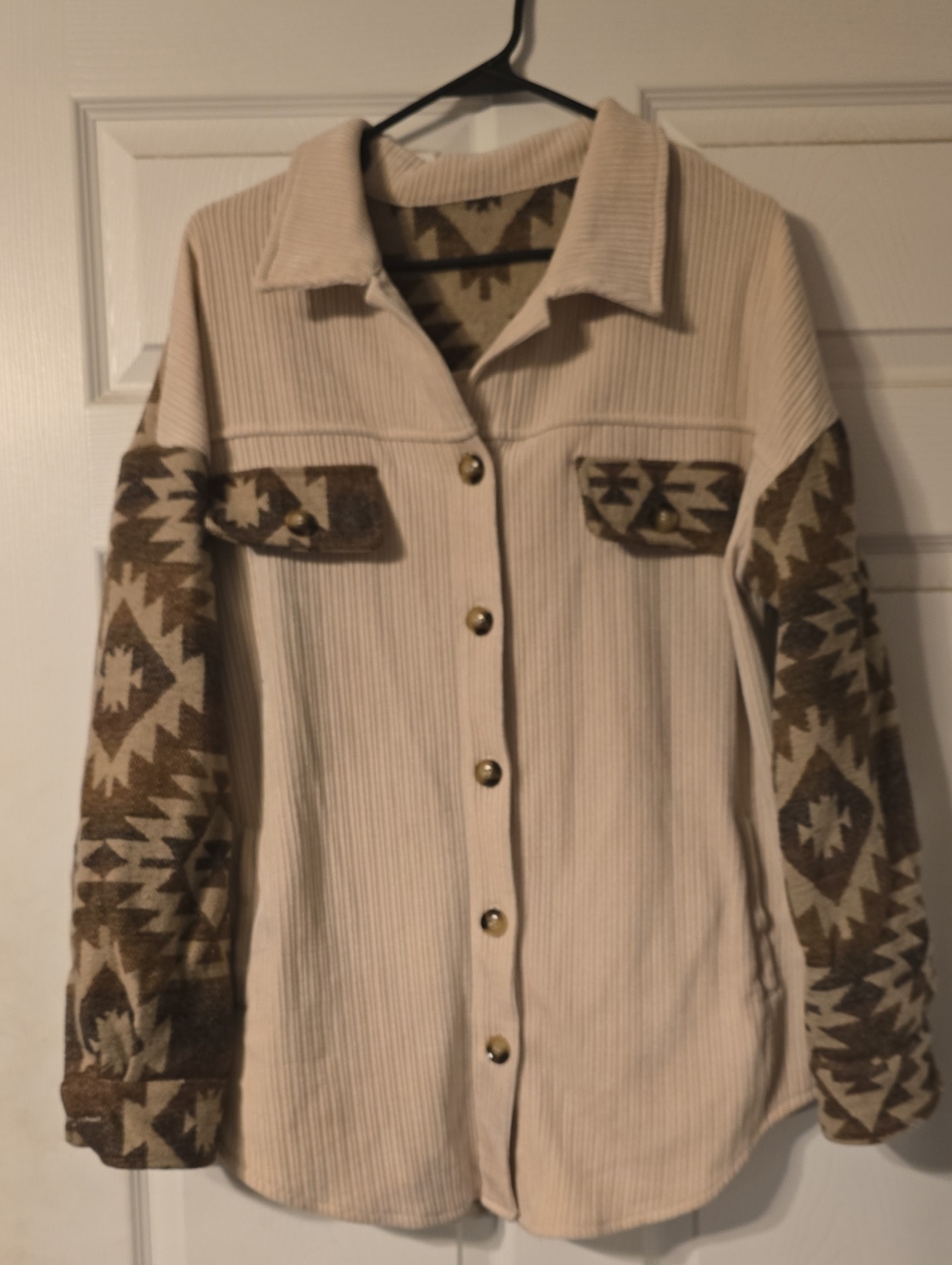 Women's Cream Button-Down Shirt Jacket with Tribal Sleeve Detail